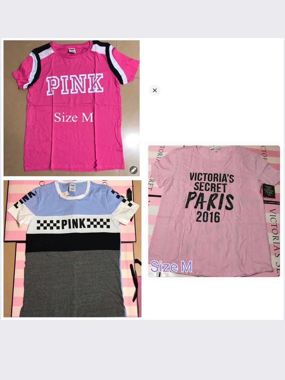 3 PINK Victoria's Secret PERFECT CREW TEE Logo Tee & VS PARIS 2016 Tee - Size M